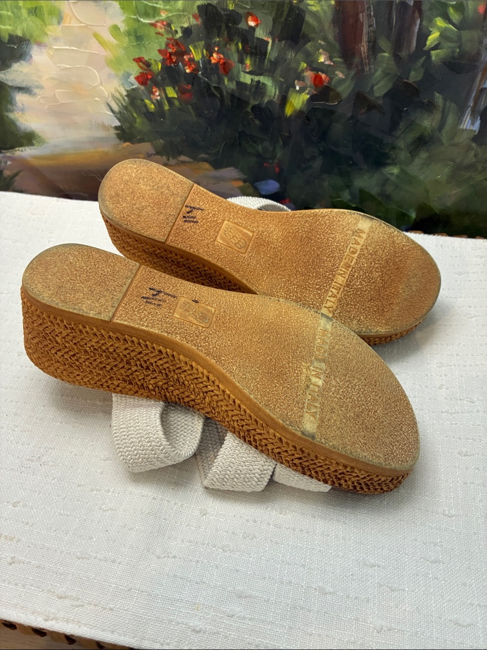 Italian Shoemakers Woven White Slide Wedge Sandals with Natural Raffia Accents - Picture 6 of 6